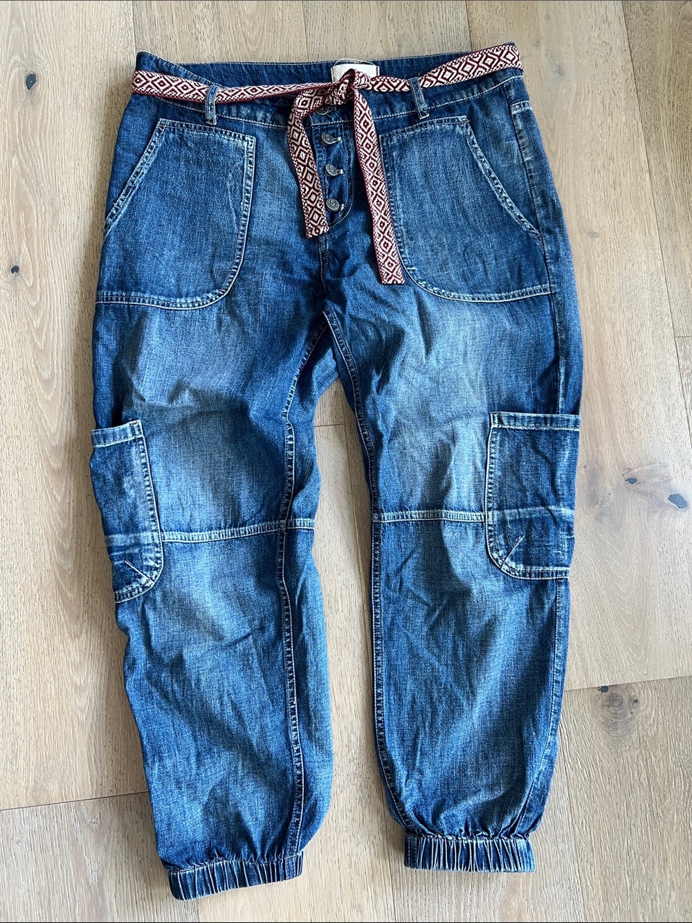 Sundance Indigo Relaxed Denim Cargo Jeans with Patterned Belt